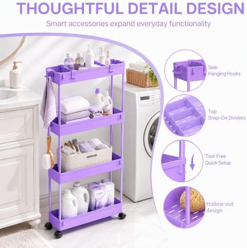 SPACELEAD Slim Storage Cart 3 Tier,Bathroom Organizer Rolling Utility,Mobile Shelving Unit Slide Out for Office, Kitchen, Laundry Room & Narrow Places,Purple