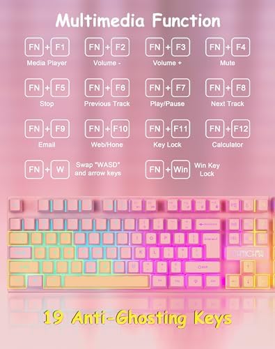 Light Up Cute Pink Gaming Keyboard, 3 Color LED Backlit for PC Computer PS5