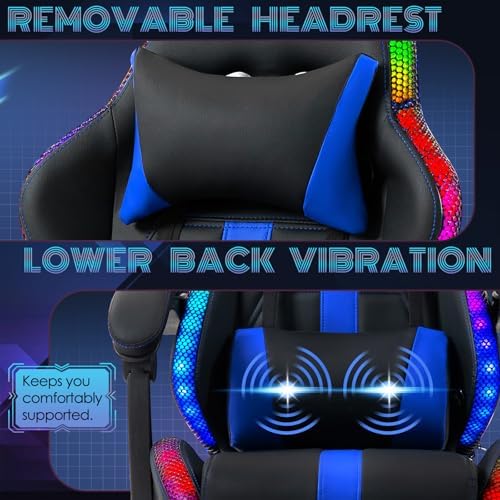 ECOTOUGE Gaming Chair with Footrest, Lumbar Massage & RGB LED Lights, Blue