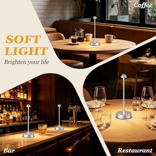Kakanuo Rechargeable Cordless Table Lamp, Battery Operated Lamps, 3-Color Stepless Dimming, Portable Wireless Desk Lamp, LED Lighting for Dining Room, Restaurant, Office, Bar, Home(Silver 2 Pack)