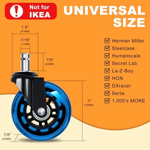 Office Chair Wheels for Casters Replacement - 3" Rubber Wheels for Computer Gaming Desk Caster Smooth & Safe Rolling for All Floors Including Hardwood and Carpet - Set of 5 - Blue