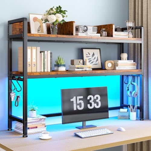 REIBII 2-Tier Desk Shelf, LED, Bedroom and Home Office, Rustic Brown