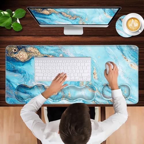 Keyboard Wrist Rest and Mouse Pad with Wrist Support Set Ergonomic Coaster,Memory Foam,Easy Typing Pain Relief,Large XL Desk Mat 31.5"x 11.8",Abstract Marble Texture