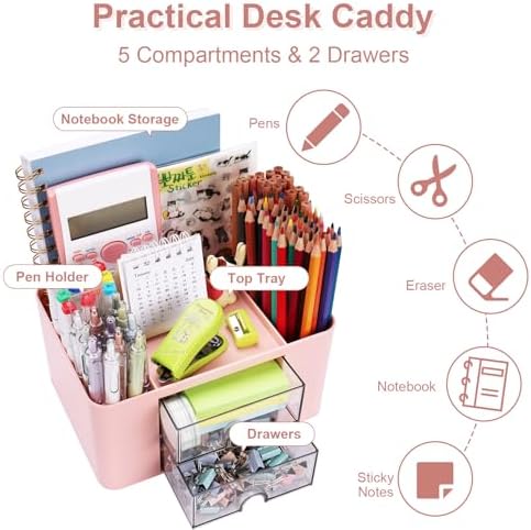 Meiikun Plastic Pen Organizer, Multifunctional Desk Organizer with 2 Drawers, 4 Compartments & a Top Tray, Pencil Holder Desktop Organizers and Accessories for Office, 7.7" x 5.5" x 3.9" (Pink)