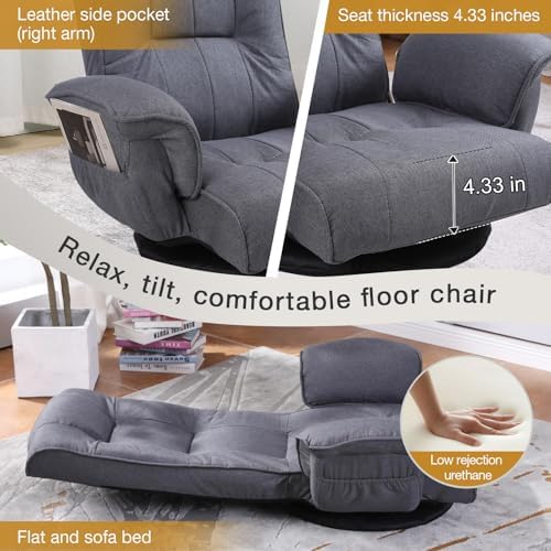 Ergonomic Swivel Floor Gaming Chair with Armrests & Side Pockets, 6-Position Reclining Sofa Bed, Foldable Padded Lounger with Thick Cushion & Lumbar Support for Esports, Reading, TV Watching, Grey
