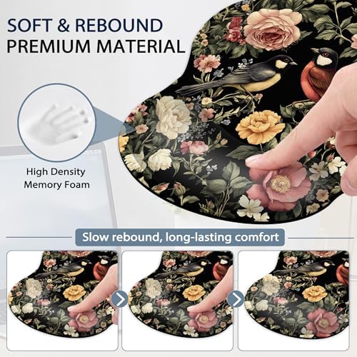 Vintage Rose Peony Floral Keyboard Wrist Rest Pad Ergonomic Mouse Pad Set,Bird 3 in 1 Memory Foam Mouse Pad with Non Slip Base for Office and Home