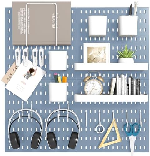 Peg Board Combination Kit, 4 Pegboards with 20 Accessories, Pegboard Wall Organizer for Office, Nursery & Home Storage, Key Holder, 25.6"x25.6" – Nail-Free Installation（Blue）