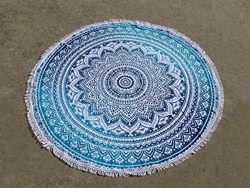 Round Beach Tapestry Turquoise Mandala Throw/Boho Hippie Beach Blanket Roundie/Indian Cotton Bohemian Large Round Table Cloth-Home Decor/Yoga Mat Meditation Picnic Rug (42", Blue and White)