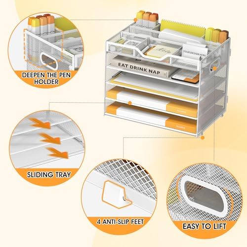 5 Tier Paper Letter Tray Desk Organizer with Pen Holders - White