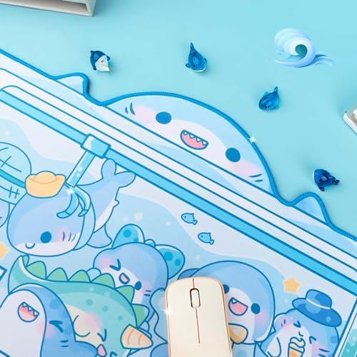 BelugaDesign Shark Desk Pad | Cute Pastel Large Mouse Pad | Cutecore Ocean Switch Anime Keyboard Gaming Mousepad | Machine Washable Nonslip Desk Blotter Protector for Kids Teens and Women (Blue White)