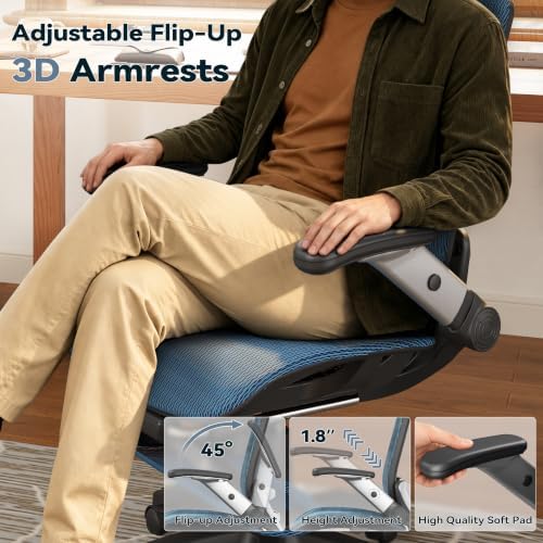 Ergonomic Office Chair with Footrest – High Back Executive Mesh Desk Chair for Corporate & Home, 135° Recline Task Computer Chair with Flip-Up Arms, Wide Seat, Class-4 Cylinder, 300 LBS - GY01BL-FT
