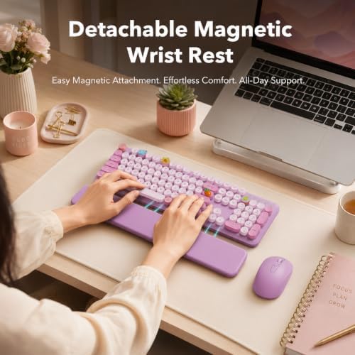 Wireless Keyboard and Mouse, Round Keycaps, Magnetic Wrist Rest, Lilac