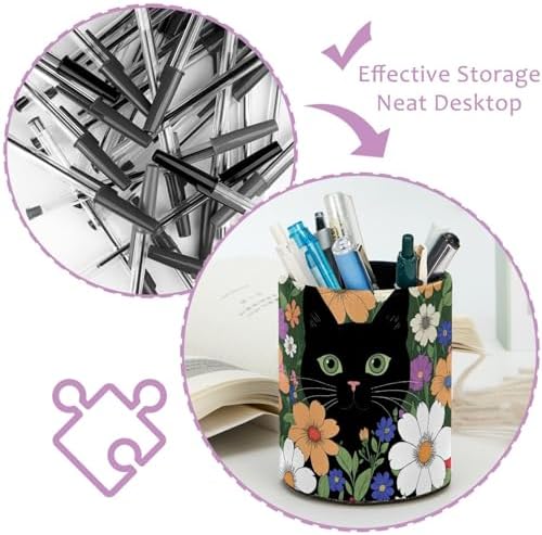 Cat Flower Pen Holder Pencil Organizer Cute Pencil Cup Desk Decor Makeup Brush Holder PU Multifunctional Office Supplies for Home Classroom School
