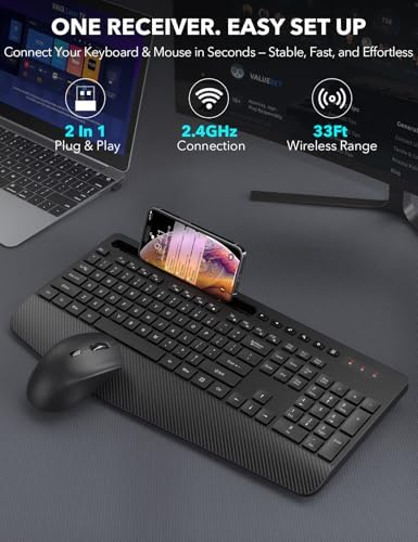 Wireless Keyboard and Mouse Combo - Full-Sized, Ergonomic Wrist Rest