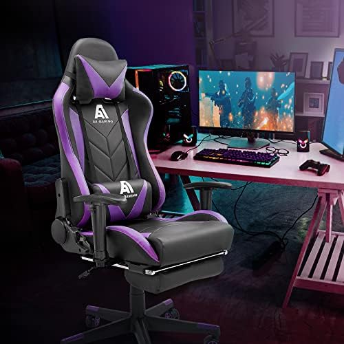AA Products Gaming Chair - High Back Ergonomic Computer Racing Chair with Footrest, Lumbar Support and Swivel - Black/Purple