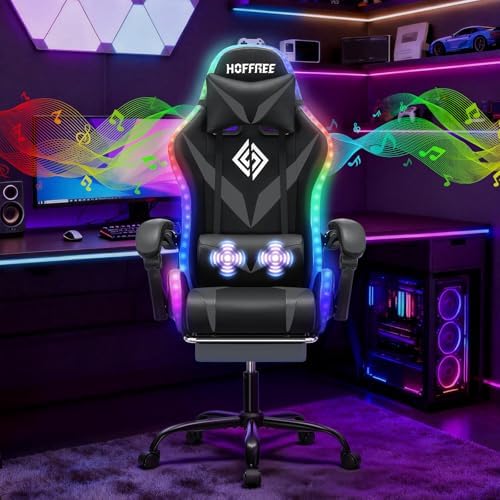 HOFFREE LED Gaming Chair with Speakers RGB Lights Computer Chairs-Grey