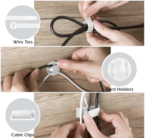 KHAMAL Cable Management Under Desk 52PCS - Cable Management Tray Kit Ventilated Hexagonal Design with Cable Clips, Wire Ties, Cord Holder & Screws for Office, Home - 4 White Sets