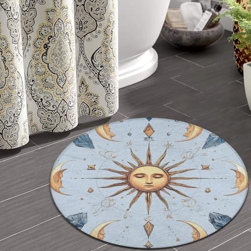 Home Decor Non Slip Kitchen Office Circle Rug, Machine Washable Modern Round Area Rug, Room Sofa Yoga Soft Round Carpet Sun and Moon Clock, 24inch
