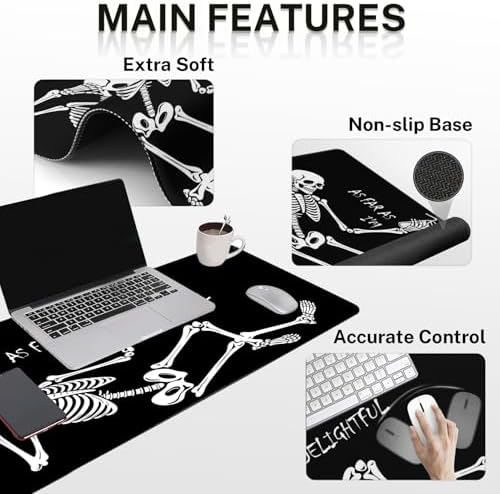 Britimes Keyboard Mouse Pad Set, 4 in 1 Desk Mat Set, Skull Skeleton Black
