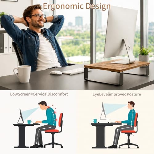 XINYAO 2 Pack Monitor Riser for Desk, Wood and Steel, 16*12*3 inch, Brown