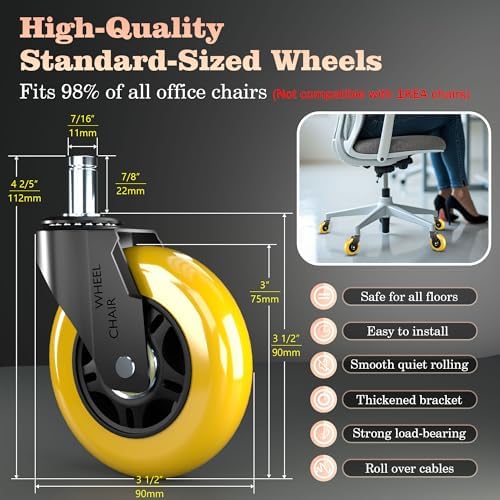 Office Chair Wheels Replacement,3" Rubber Desk Chair Wheels 7/16" Stem,Universal fit for Most Rolling/Gaming Chairs,Floor Protection for Carpet/Hardwood/Tile,Smooth&Quiet Rolling,Set of 5