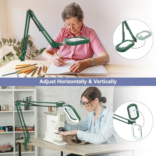 14.35" Large Magnifying Glass with Light and Clamp, Real Glass, 5 Color Modes, Stepless Dimmable, Lighted Magnifier with Stand Hands Free, LED Swing Arm Desk Lamp for Close Work, Craft, Green