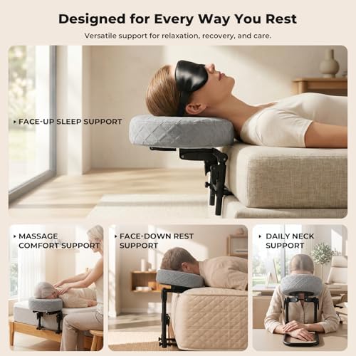 Freebody Upgraded Massage Headrest for Bed with Armrest Shelf & Breast Pillow, Adjustable Massage Face Cradle at Home,18" Height Massage Head Holder for Sleeping Mattress, Classic Grey