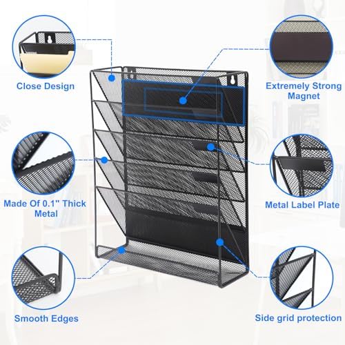 EASEPRES Magnetic File Organizer Mesh 6-Tier, Hanging Wall Mount File Organizer Vertical Holder Rack for Office Home, Black