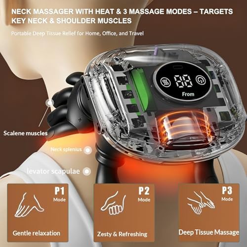 Neck Massager with Heat, Cordless 4D Kneading Neck Shoulder Back Massager, Deep Tissue Pain Relief Massager with Bionic Fingers & Screen, Ideal Gift for Men Women(Black)
