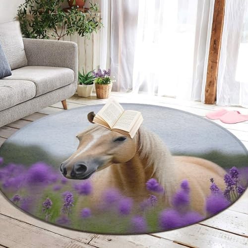 Fashion Round Area Rug Large Non Slip Carpet, Lavender Horse Unisex Home Decor Mat