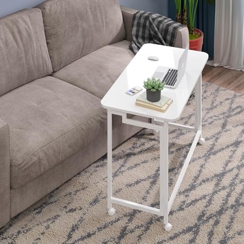 4NM 27.5" Mobile Small Rolling Computer Desk, Folding Laptop Cart Table with Wheels, Portable Office Desk for Small Space Couch Bed - All White