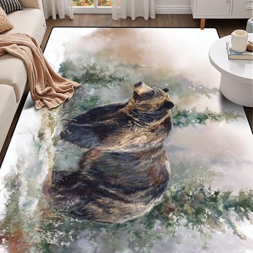 Peaceful Bear by Pine Trees Sunlit Moss Warm Tones Area Rug Outdoor Patio Rug Play Mat Modern Floor Carpet Non-Slip Home Decor Living Room Kids Bedroom Nursery, 6x9 ft