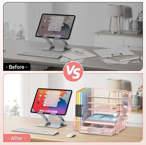 5-Tier Desk Organizer with File Holder & Pen Holder & Sliding Drawer, Pink