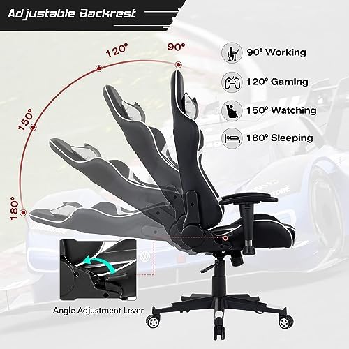 DORTALA Ergonomic Gaming Chair, High-Back Racing Chair w/Massage Lumbar Support, Extra Power Bank Pocket, 360° Swivel, Adjustable Backrest & Armrest, for Office, Game Room (White)