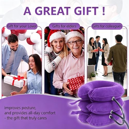Inflatable Purple Cervical Neck Traction Brace, Adjustable Neck Stretcher for Instant Neck Pain Relief & Spine Decompression, Portable Design for Relax Your Neck Anytime Anywhere at Home Travel Office