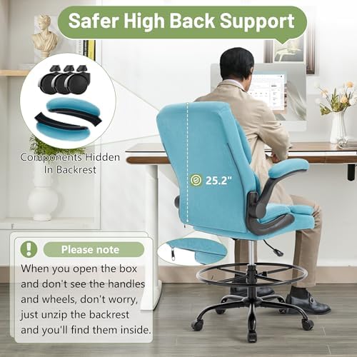 500LBS Drafting Chair, High Back Safer Standing Desk Chair, Executive Tall Office Chair with Flip-up Armrests, Upholstered Fabric Task Chair, Ergonomic Seat with Adjustable Height&Foot Ring, Blue