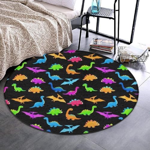 Large Machine Washable Circular Rugs, Home Decor Round Mat for Living Room Sofa Office Cute Dinosaurs, 36inch