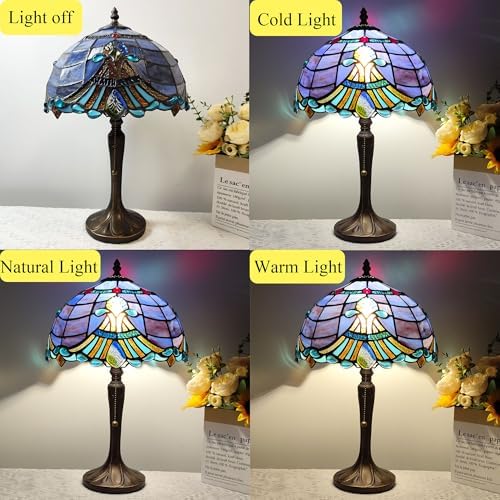 Tiffany Table Lamp Purple Baroque Style Stained Glass Lamp 3 Color Temperature 12 Inch Antique Desk Light Handcrafted Light for Bedroom Living Room Home, Included LED Bulb