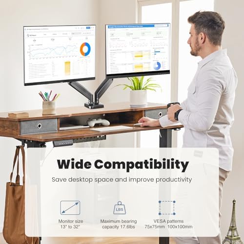 OLIXIS Dual Monitor Mount for Desk, Gas Spring Monitor Arm for 2 Monitors Max 32 Inches, Fully Adjustable Double VESA Mount with C-Clamp/Grommet Base, Holds Screen 17.6 lbs