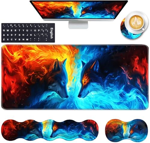 Keyboard Wrist Rest and Mouse Pad with Wrist Support Set Ergonomic Coaster,Memory Foam,Easy Typing Pain Relief,Large XL Desk Mat 31.5"x 11.8",Ice Wolf and Fire Wolf