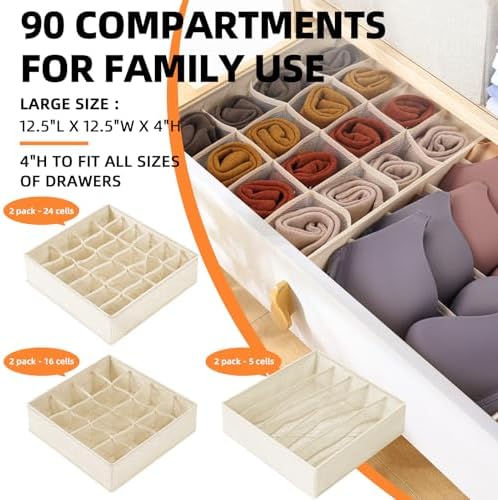 Criusia 6 Pcs Drawer Organizer Clothes - 90 Cells Closet Organizers and Storage for Baby Nursery - Washable Fabric Dresser Organizer Dividers for Sock Underwear Bra Dorm Room Essentials (Beige)
