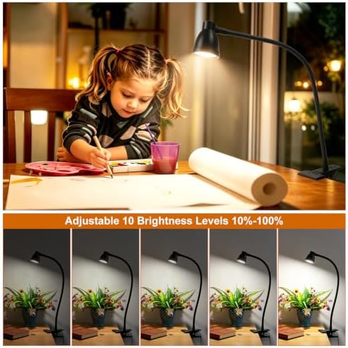 LED Clip Light 3 Color 10 Brightness Dimmable Clamp Desk Lamp Black