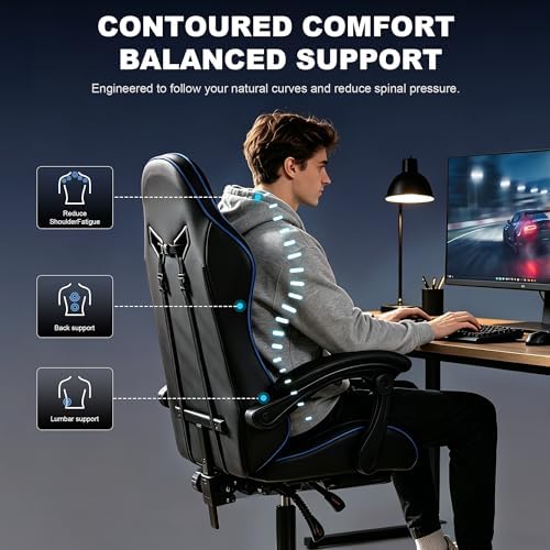 Ergonomic Gaming Chair for Adults, Reclining Computer Office Desk Chair with Footrest, Pocket Spring Cushion,Linkage Armrests, Lumbar Support & Headrest, Heavy-Duty Enlarged Metal Base,Blue
