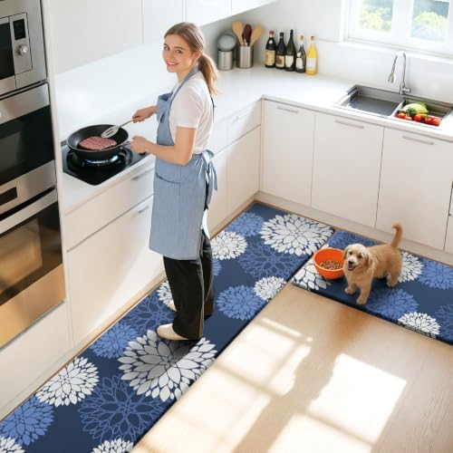 Kitchen Mats 2 Piece Set, Anti Fatigue Non Slip Cushioned Floor Rugs, Blue