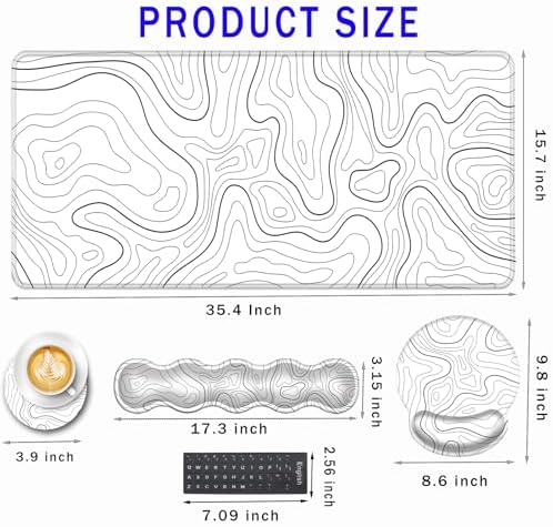 Mouse Pad,Large Pink Desk Mat, 4in1 XXL Mousepad + Keyboard Wrist Rest+Mouse Wrist Rest+Coaster Set with Ergonomic Desk Pad for Home Office Table Computer-Minimalist Topographic Map