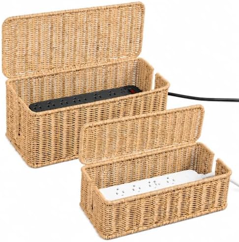 2PCS Cable Management Box Set, Handmade Rattan Cord Organizer