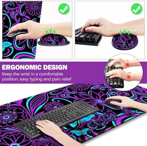 ARTSO Purple Desk Mat, Large Gaming Mouse Pad with Wrist Rest, Flower Butterfly XXL Mousepad+Keyboard Wrist Rest+Mouse Pad Wrist Support+Coaster Set for Home Office Accessories