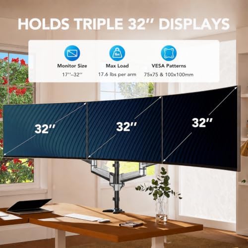 HUANUO Gaming Triple Monitor Stand, Full Motion Articulating Triple Monitor Mount Fit 17 to 32 inch Flat/Curved LCD Computer Screens with Clamp, Grommet Kit, Silver