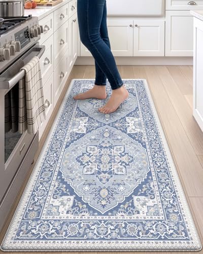 DEXI Kitchen Floor Mats Cushioned Anti Fatigue Runner Rug 24x59 Light Blue