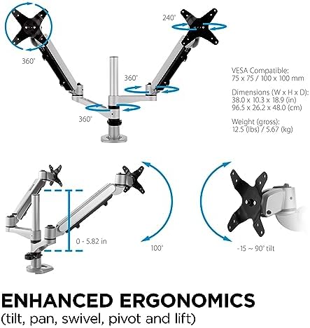 ViewSonic LCD-DMA-002 Spring-Loaded Monitor Desk Mounting Arm for 2 Monitors up to 27 Inches Each, VESA Compatible, Full Ergonomic Adjustability, 2-in-1 Mounting Base, and Built-in Cable Management